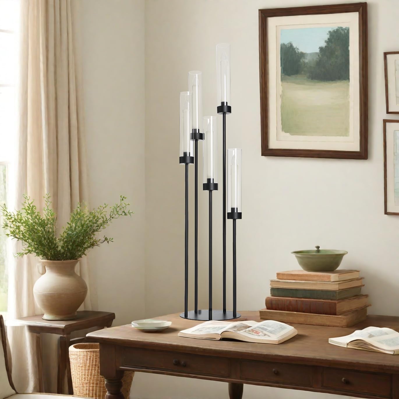 39.8''Matte Black Candle Holder with Acrylic Shades Tall 5 Arm Candelabra Black Table Centerpiece for Wedding Living Dining Room Fireplace Decoration Fit 0.98''LED Taper Candle
