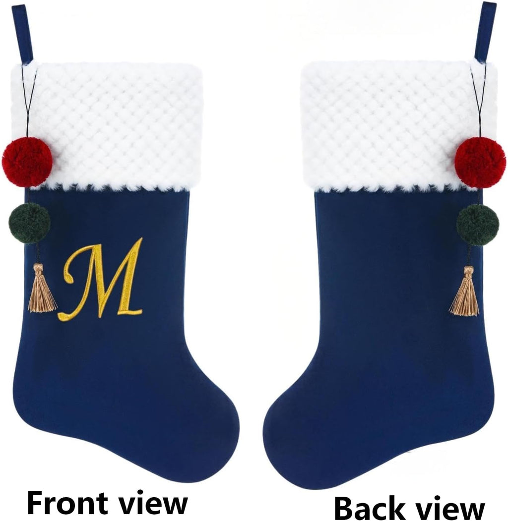 19.5" Personalized Velvet Christmas Stocking with Embroidered Initials- Fireplace Stockings, Family Holiday Xmas Party Decor (Blue S)