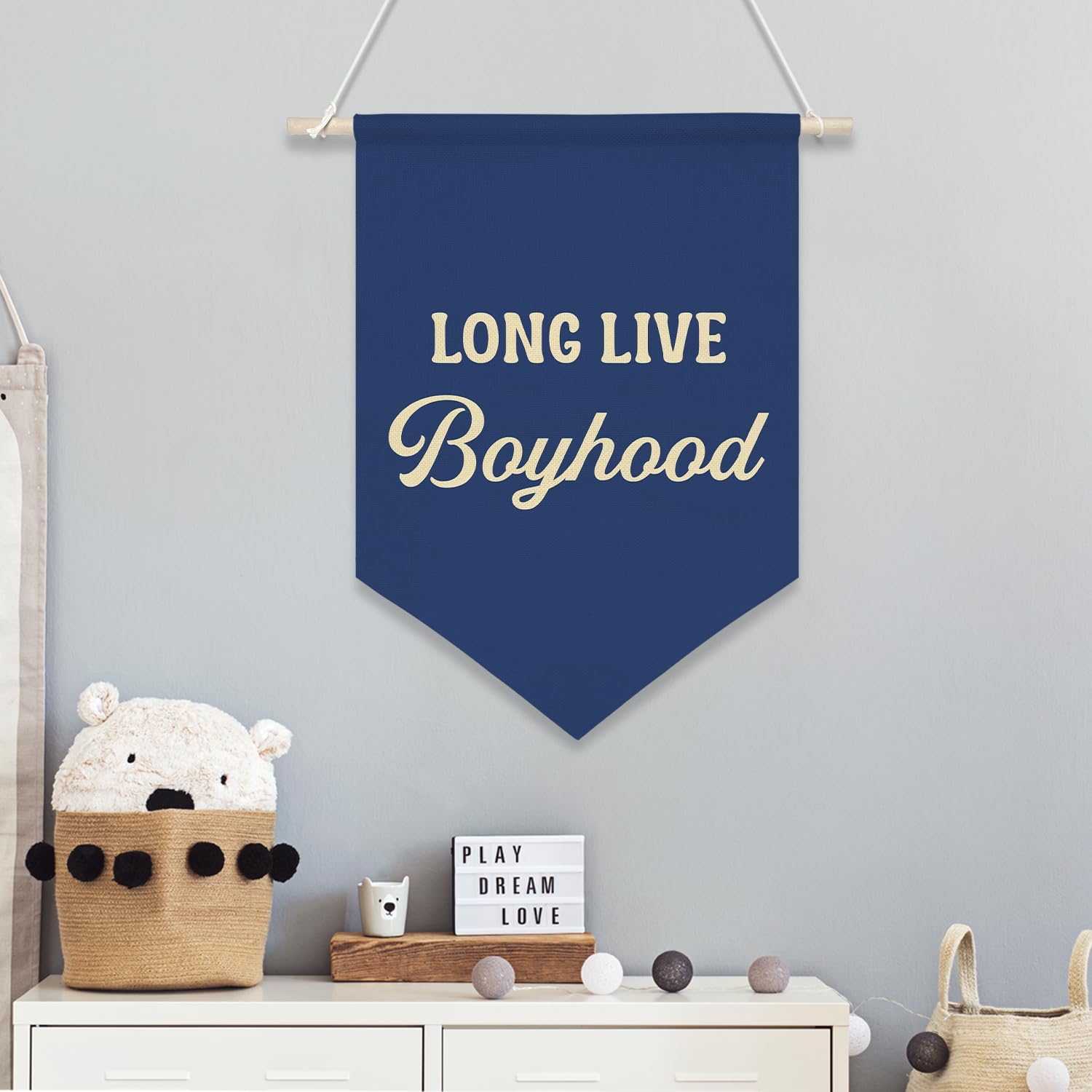 Long Live Boyhood Wall Banner ,Navy Blue Canvas Wall Hanging Poster for Boys Bedroom Nursery Playroom Decoration,Inspirational Flag Sign for Classroom Teen Boy Room Decor 11x16inch(KD30)