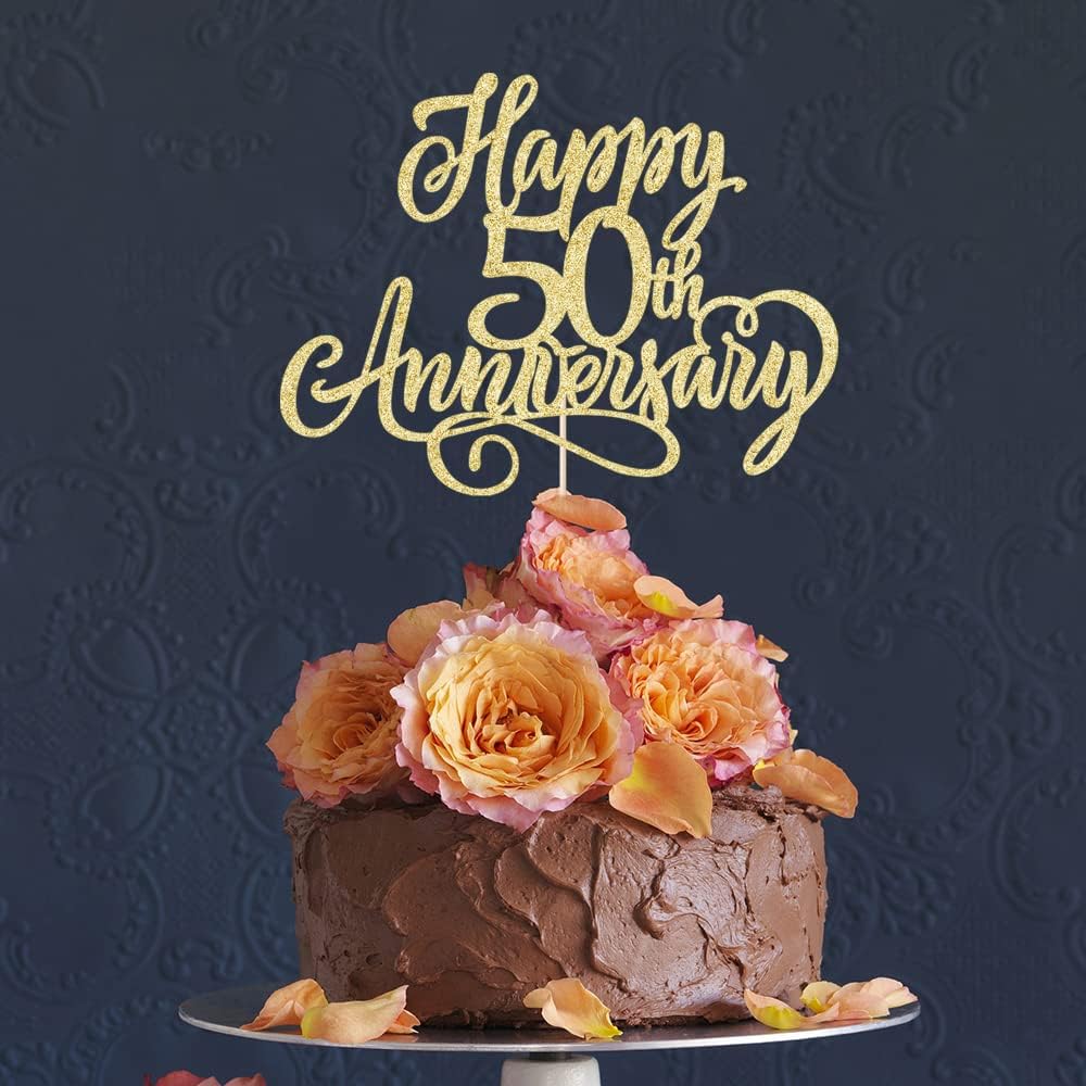 Golden glitter Happy 50th Anniversary Cake Toppers -Wedding Anniversary Party Decorations, Company Anniversary Party, 50th Birthday Party Decorations