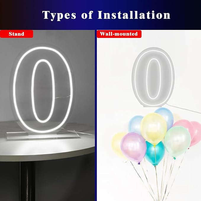 Number 0 Neon Sign Light, 16.54" Cool White USB Battery Powered Led Neon Sign for Party Wedding Anniversary Decor Light Sign (Number 0)