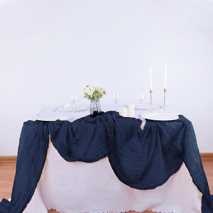 Boho Gauze 16PCS Navy Blue Cheesecloth Table Runners - 35x120Inch Long Rustic Sheer Table Decor for Wedding, Party, Baby, Bridal Shower