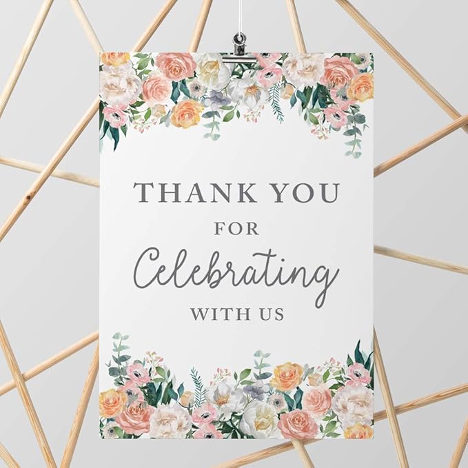 Andaz Press Extra Large Wedding Easel Board Party Sign, 12x18-inch, Peach Coral Floral Flowers Roses on White, Thank You for Celebrating With Us, 1-Pack