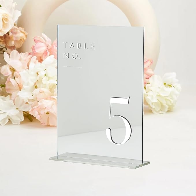 JINMURY Sliver Wedding Table Numbers 1-10 with Stands, 5"x7" Sliver Mirror Acrylic Table Numbers for Wedding Reception(Sliver Mirror White Font, Number 1-10, 5"x7")