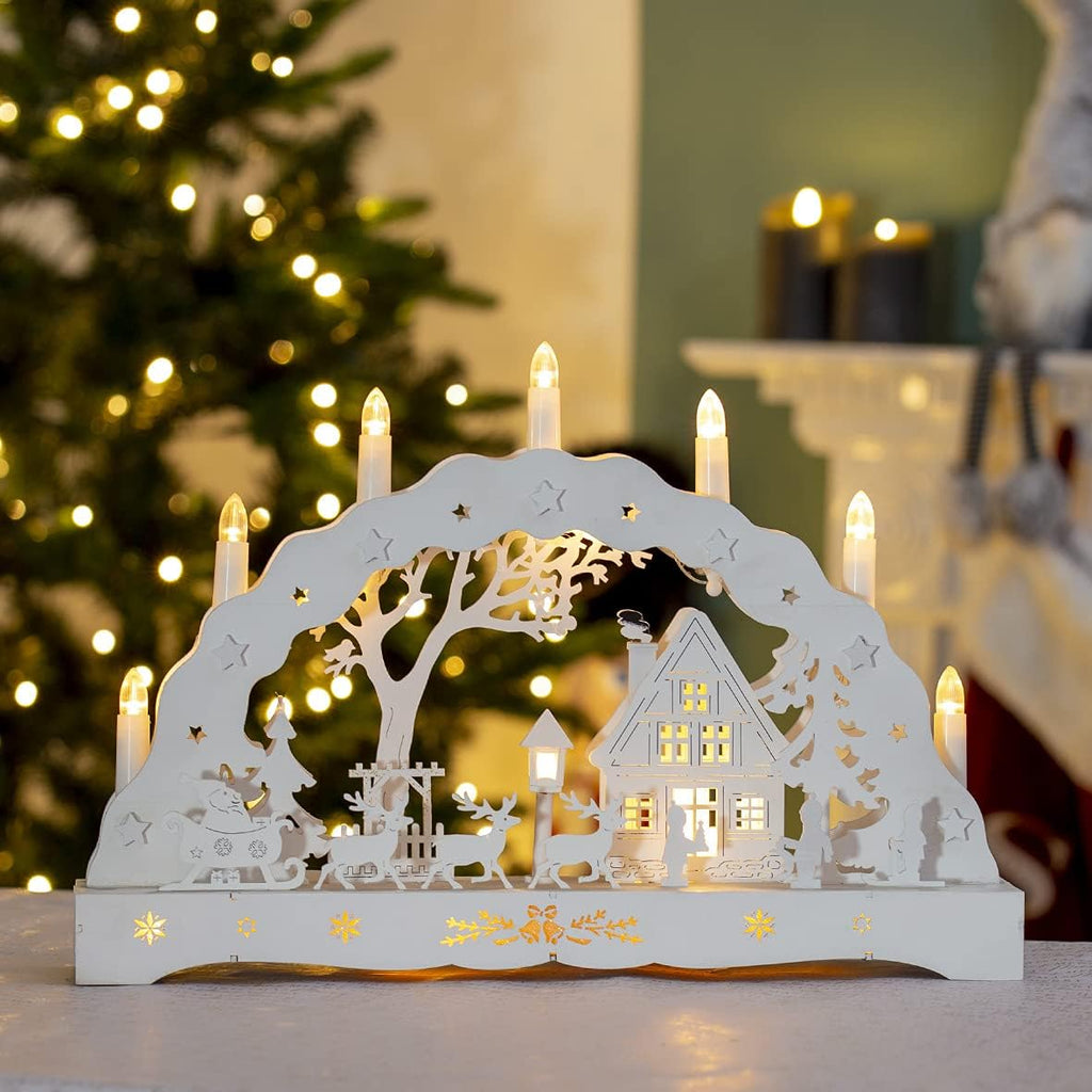 The Christmas Workshop 88200 Wooden Illuminated Candle Bridge | 7 Warm White Candles | Indoor Christmas Decoration | Battery Operated | 43cm x 28cm x 8cm