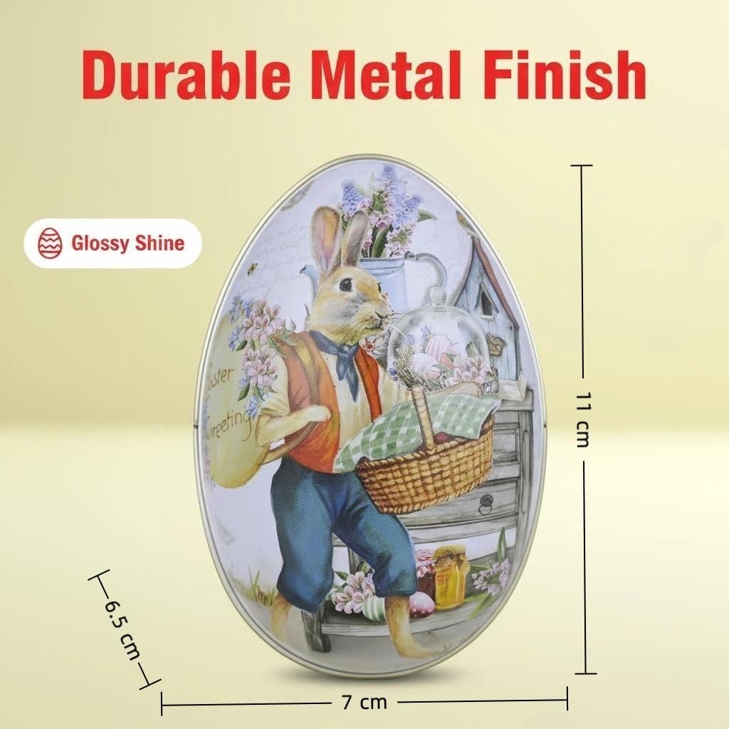 Vintage Easter Egg Tin Box (Style B), Metal Rabbit Easter Egg Containers for Candy & Treats, Reusable Decorative Gift Tin