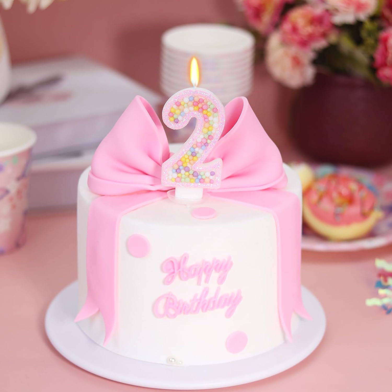 Pink Birthday Candles - Number 2 Candle, Colorful Macaron Candles, 2 Cake Topper, Pink Birthday Decorations for Girl, Sweet Theme Birthday Party Supplies
