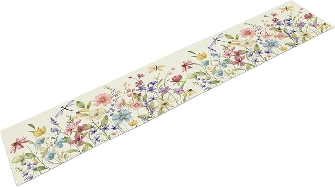 Watercolor Floral Table Runner, Colorful Spring Summer Nature Flower Dragonfly Pattern Print Table Runner for Kitchen Dinning Table Runner Decor Home Wedding Party Holiday, 13x36 Inch