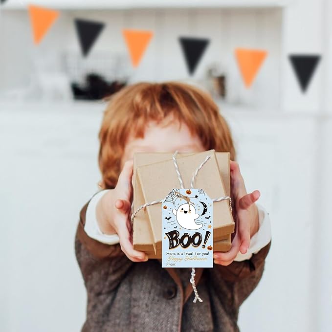 Aukolass 50Pcs Boo Gift Tags, Halloween Treat Tag for Spooky Boy Ghost Party Favor and Gift Wrapping Decoration (Blue Boo)