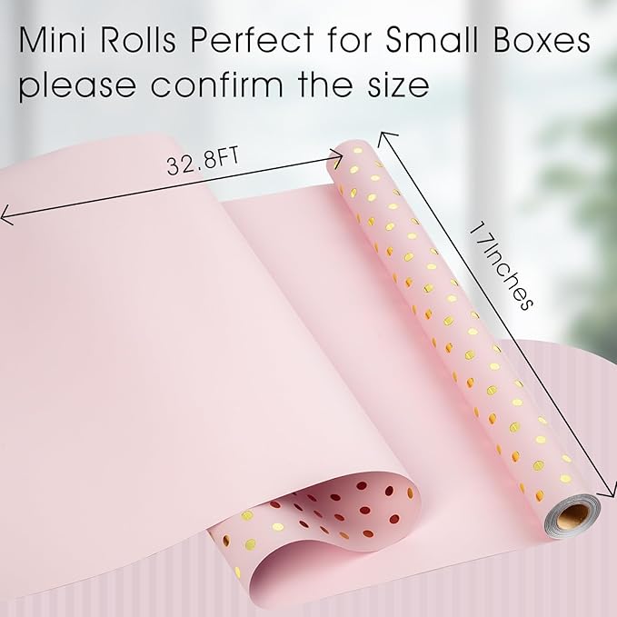 Flyhill Pink Wrapping Paper Roll,Reversible Mini Roll Gold Foil Polka Dot Gift Wrap for Birthday,Girls,Baby Shower,Wedding (17 Inch X 32.8 Feet)