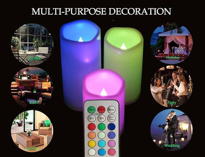 SWEETIME 3 Color Changing Led Pillar Candles with Controller and Timer - 3x4 3x5 3x6 Multi Colored Flickering Outdoor Waterproof Flameless Candles Battery Operated,Weatherproof Candles.