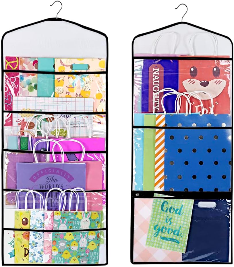 Gift Bag and Tissue Paper Storage, Hanging Organizer with Multiple Front and Back Pockets Double Sided, Organize Gift Wrap and Paper Bags 38 x 16 Inch (Black seam)