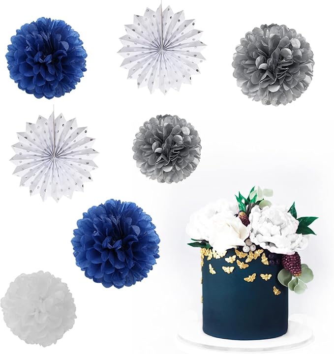 Navy-Blue White Silver Party Decorations - 14pcs Kits Paper Lanterns Fan,Tissue Flower Pom Poms Streamers,Honeycomb Balls,Graduation 2025 Men Birthday Wedding Baby Bridal Shower Decor Lasting Surprise
