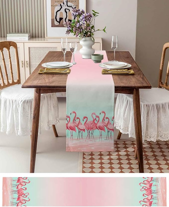 Tropical Flamingo Cotton Linen Table Runner for Dining Kitchen, Wedding Outdoor Party Tablerunners Decoration, Pink Bird Coastal Nautical Animal Dresser Scarf Coffee Tablecloth Runners 13x36 Inches