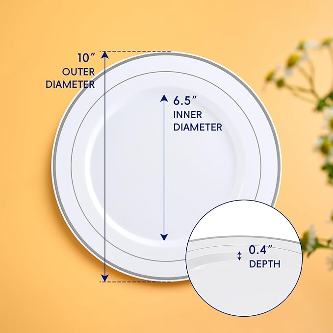 JOLLY CHEF 100 Pieces Silver Plastic Plates, 10 Inch Elegant Disposable White with Silver Rim, Plastic Plates for Dinner, Birthdays and Weddings