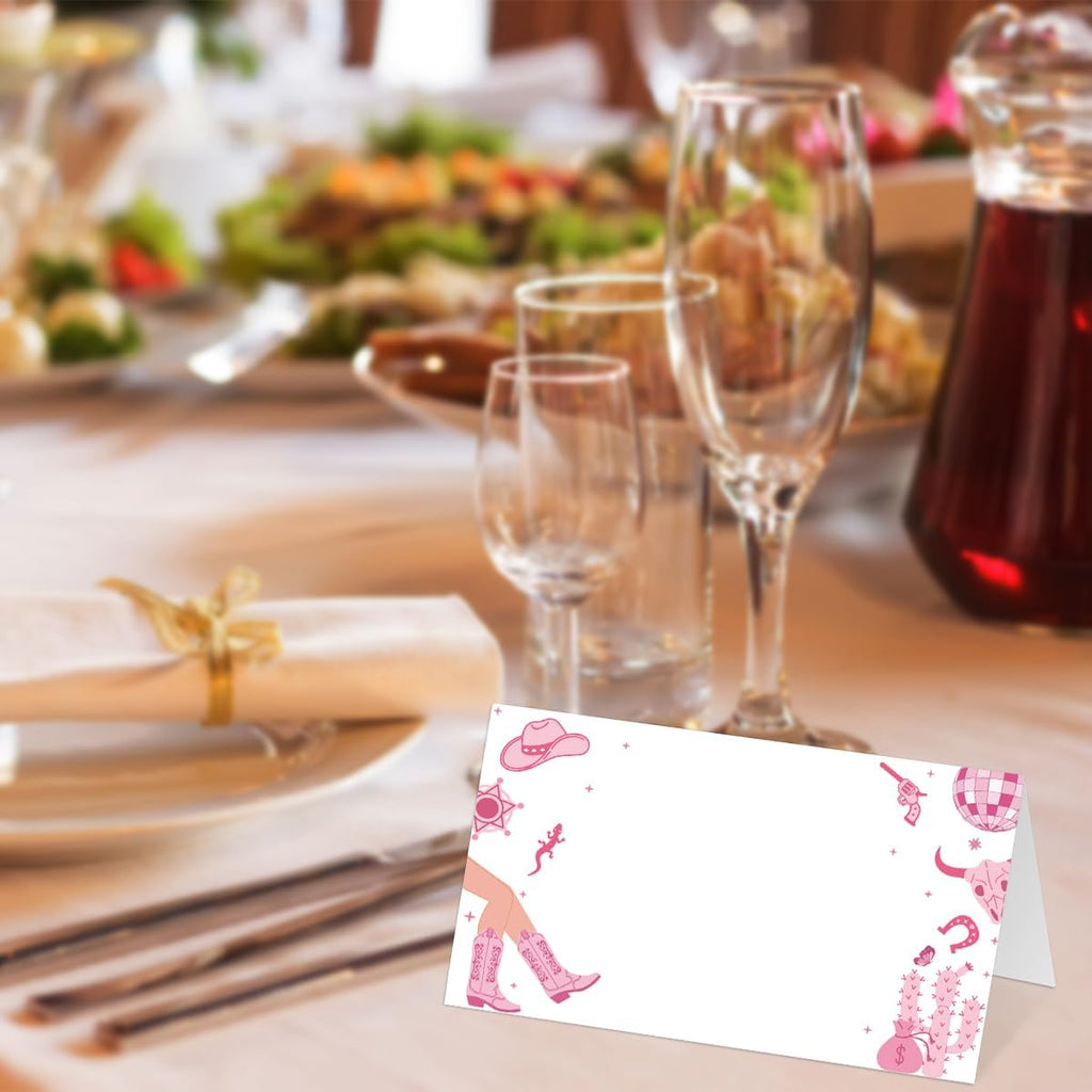 25 Pack Cowgirl Table Place Cards for Wedding Birthday Party, Pink Cowgirl Filled-In Name Place Cards, Foldover Seating Table Card (Folds into 3.5 * 2 Inches)-B02