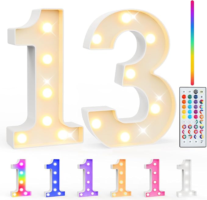 Pooqla 13th Birthday Decorations for Girls Boys, 35 Colors LED Light Up Numbers with Remote, Multicolor Marquee Numbers 13 Sign for Party Wedding Anniversary Decor 13th Birthday Gift, Number 13
