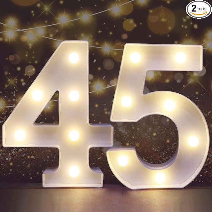 Pooqla Decorative LED Light Up Number Letters, White Plastic Marquee Number Lights Sign for 45th Birthday Party Wedding Decor, Battery Operated (45)