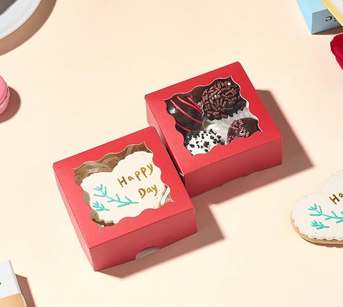 RomanticBaking 3 ¼" x 3 ¼" x 1 ½" 50PCS Chocolate Truffle Boxes for 4，Cookies Boxes Soap Boxes Donut Boxes Macaron Boxes Mini Bakery Boxes with Window Brownie Box