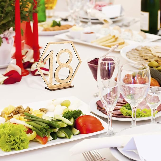 Wooden Table Numbers, Hexagon Shape 1-20 Wedding Table Numbers with Holder Base Rustic Hollow Out Wood Table Numbers Card for Wedding Party Event Catering Decoration (Hexagon)