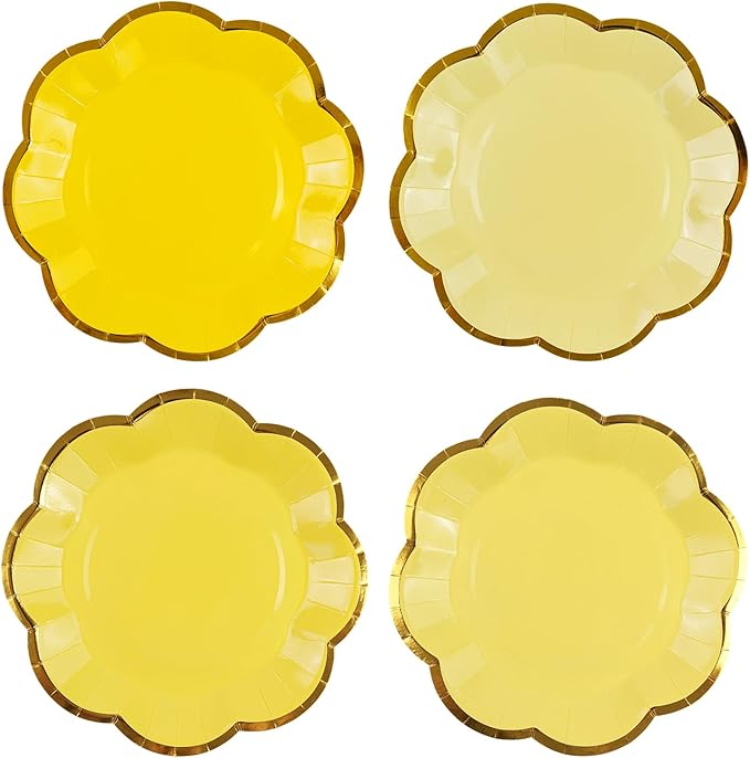 48Pcs Yellow Scalloped Party Plates - 7inch Gold Foil Gradient Yellow Dessert Paper Plate Disposable Cake Plates for Birthday Bridal Baby Shower Wedding Party Decorative Supplies