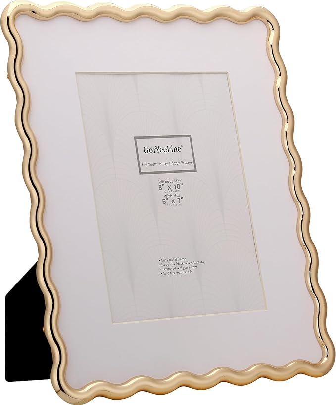 8 x 10'' Heavy-Duty Zinc Alloy Gold Photo Frames with Acid Free Mat for 5x7'',Wave Design Gold Picture Frame 8x10'' with Black Velvet Back