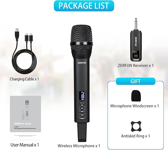 Rechargeable Wireless Microphone, Pro Handheld Cordless Mics System Dynamic with Echo Treble BASS VOL Control for Karaoke Singing Church Party, 1/4'' Output, D240, Black