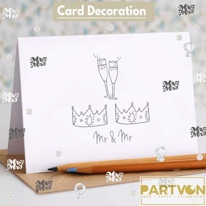 Wedding Party Table Confetti– 1.5 OZ | Mr and Mrs Diamond Ring Confetti for Wedding Shower Engagement Party Decorations I Cake Table Decor Supplies
