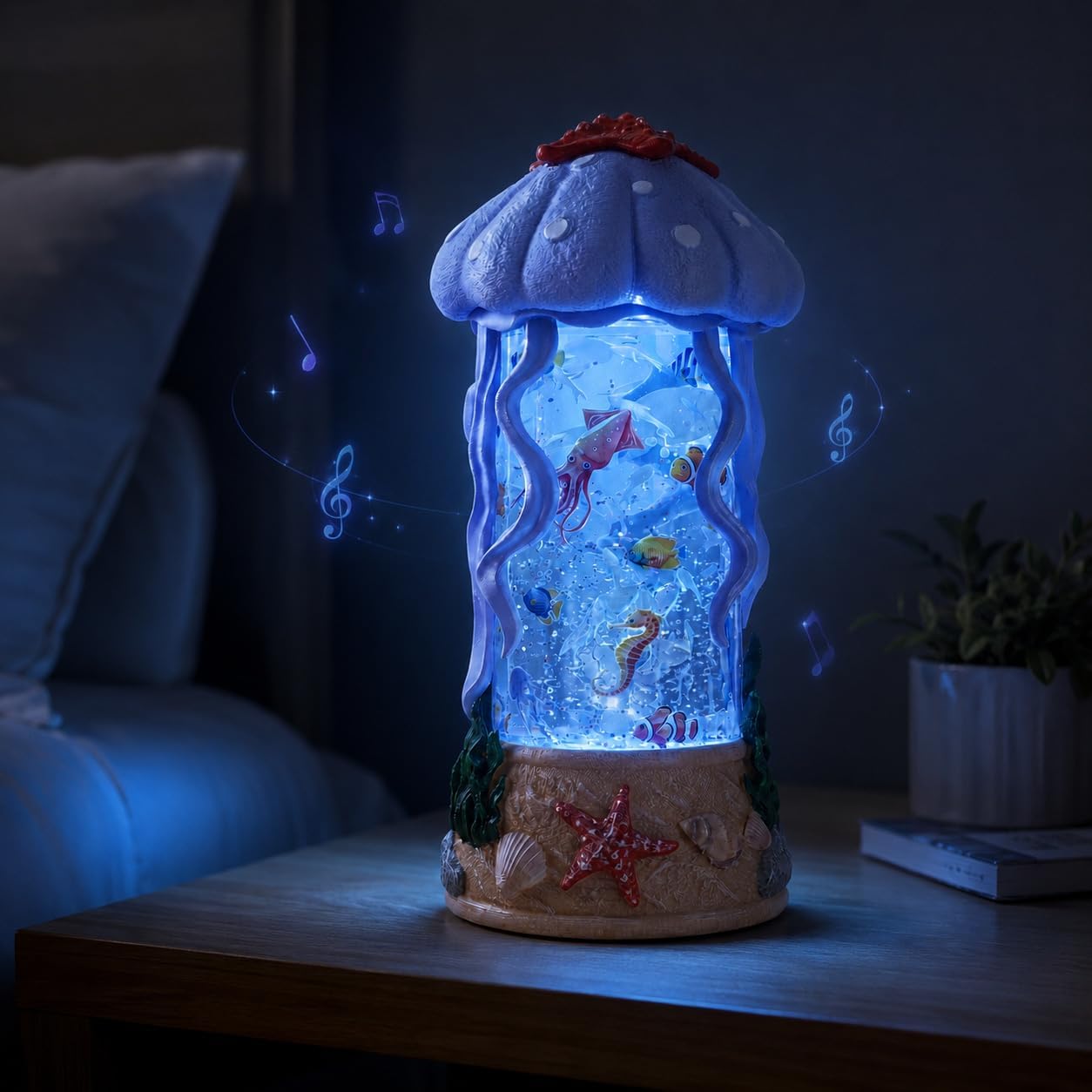 Jellyfish Night Light Water Snow Globe with Music and 2 Soothing Melodies, Rotating Ocean Scene Lamp with 6 Hours Timer, USB Powered or 3 AA Battery Operated Gift for Kids Adults Bedroom Nursery