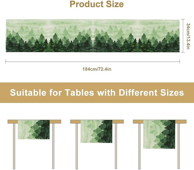 Foggy Forest Table Runner,Watercolor Wreen Misty Forest Landscape Table Runner for Kitchen Dining Table Home Party Decoration 13x36 Inch