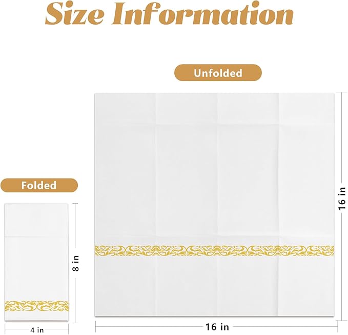 KAMMAK White Dinner Paper Napkins with Pocket Disposable 100 Pack Yellow Trim Linen Feel Wedding Reception Napkins Hand Paper Towels Folded Lunch Napkins for Party, Bathroom (16 x 16 inch)