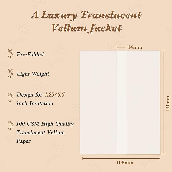 30 Pack Pre-Folded Vellum Jackets for 4.25x5.5 Invitations, Translucent Vellum Paper 4.25x5.5 Jackets, 100GSM Wedding Invitations Wraps, Envelope Liners for Birthdays, Baby Showers