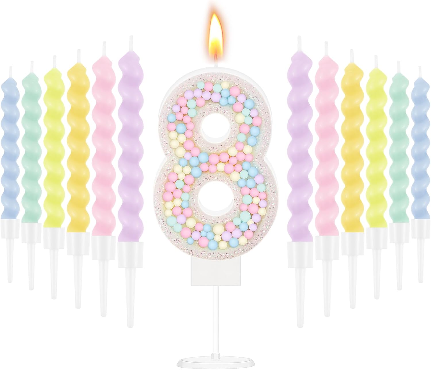 MTLEE Number 8 Birthday Candle with 12 Pcs Spiral Candles for Girls Macaron Pastel Rainbow Unicorn Pink Cake Topper for Sweet Theme Party Decoration