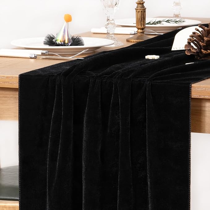 MLMC 2 Pack Black Velvet Table Runner 10ft Glossy Luxury Velvet Fall Table Runner 20x120 Inches Wedding Runner for Bridal Shower Birthday Party Halloween Decor