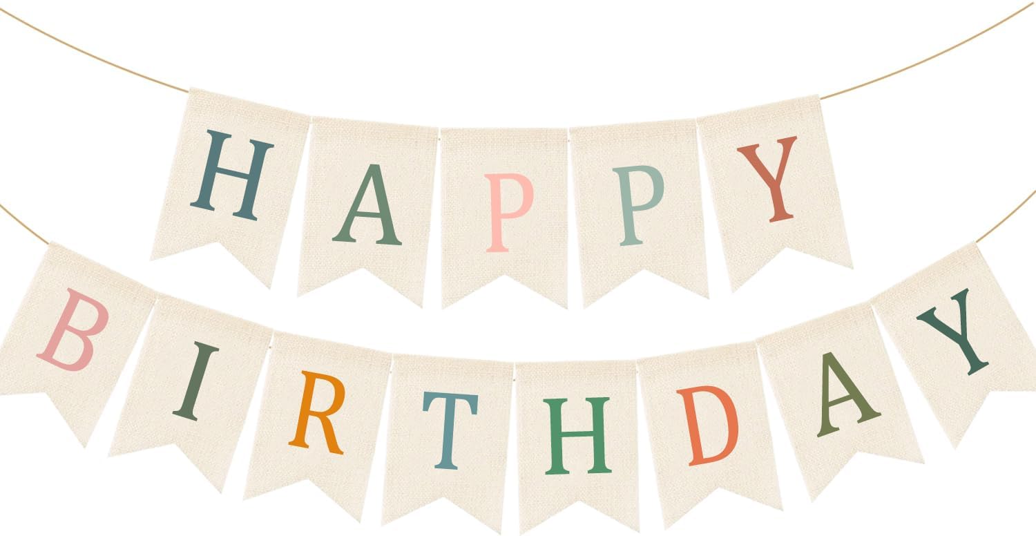 Doumeny Happy Birthday Burlap Banner Boho Birthday Garland Bunting Sage Green Pink Bohemian Party Hanging Flag White Happy Birthday Party Bunting Garland for Women Men Birthday Photo Backdrop