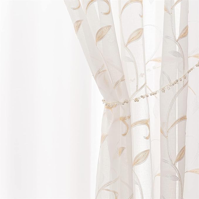 VISIONTEX Sheer Voile Curtains, Decorative Beige Leaves Embroidery Faux Linen Rod Pocket Window Drapes for Home Kitchen, Living Room and Bedroom 54 x 54 Inch, Set of 2 Curtain Panels