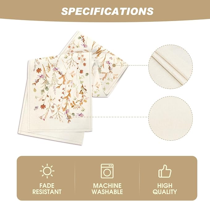 Artoid Mode Floral Leaves Fall Table Runner, Wild Flowers and Grasses Seasonal Autumn Kitchen Dining Table Decoration for Home Party Decor 13x48 Inch