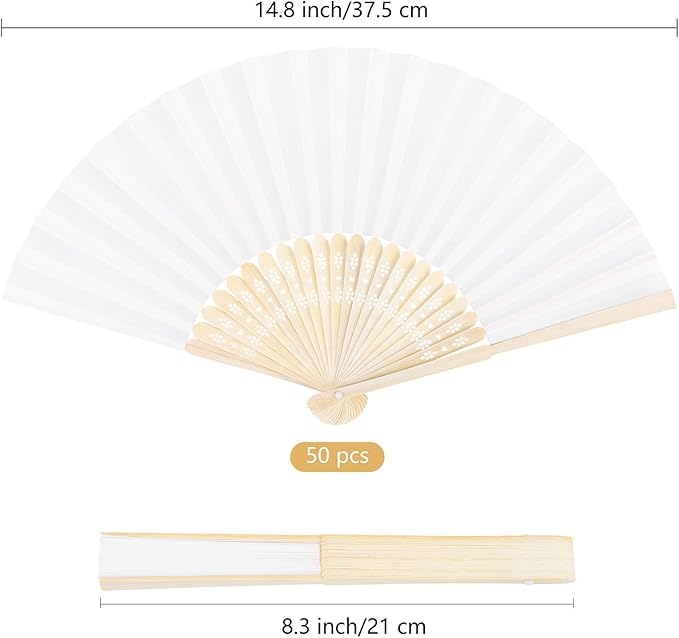 MCEAST 50 Pieces Silk Folding Fan with Bamboo Frames, Handheld Fan Folding Hand Fan Foldable Fan for Wedding Gifts, Party Favors, Home Decoration, White