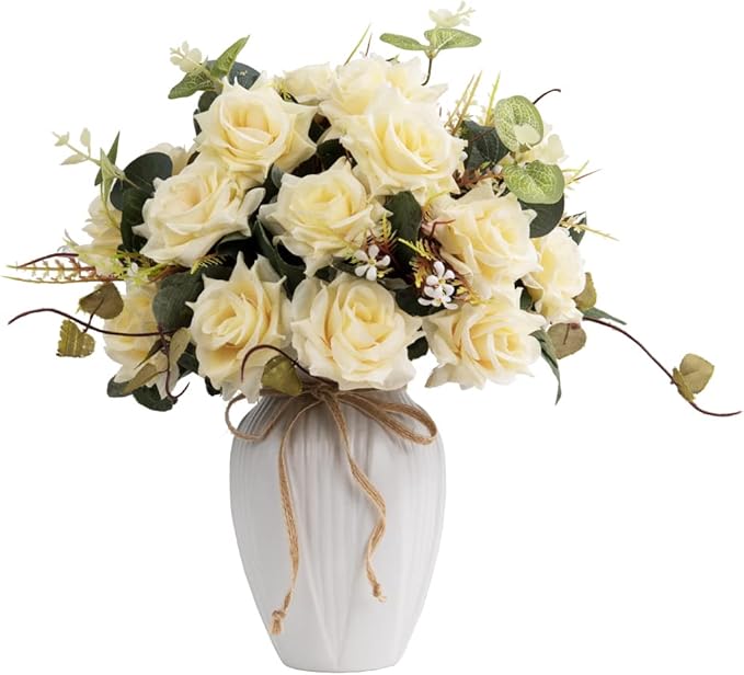 LESING Artificial Rose with Vase,Fake Silk Flowers Bouquets in Vase Table Centerpiece Arrangement for Kitchen Living Room (Champange)