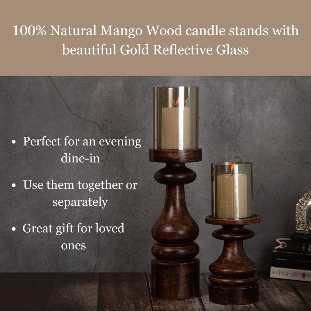 Wood Candle Holders Set of 2 Farmhouse Boho Pillar Candle Stands with Glass Covers Handmade Wooden Table Centerpiece Decor