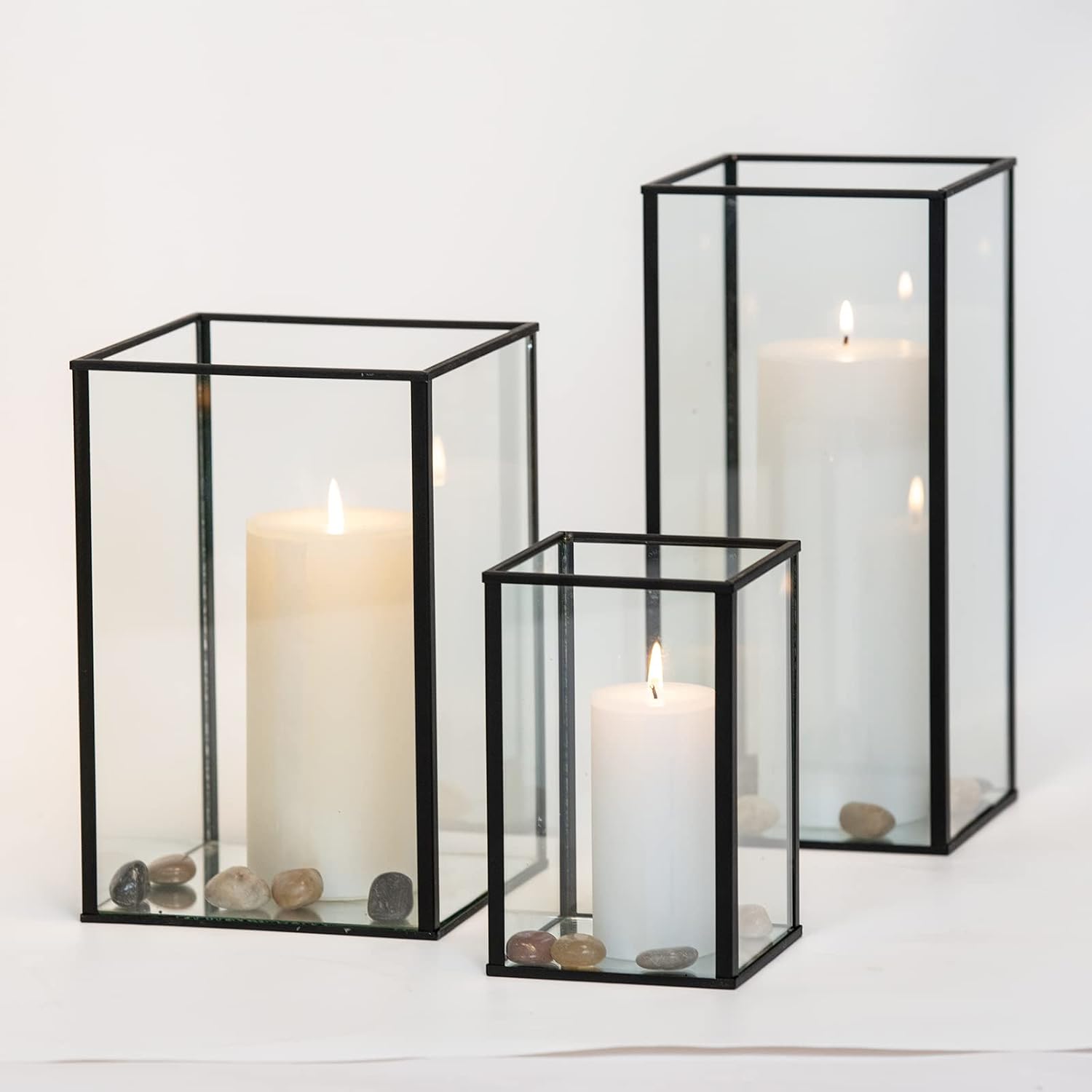 yshengood Large Glass Hurricane Candle Holder Set of 3 PCS, Black Frame and Glass Hurricane Candleholders