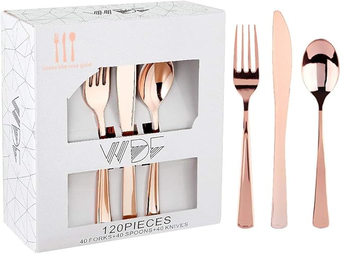 WDF 120 Pieces Rose Gold Plastic Silverware- Disposable Flatware Set-Heavyweight Plastic Cutlery- Includes 40 Forks, 40 Spoons, 40 Knives for Valentine's Day, Mother's Day,Wedding&Party
