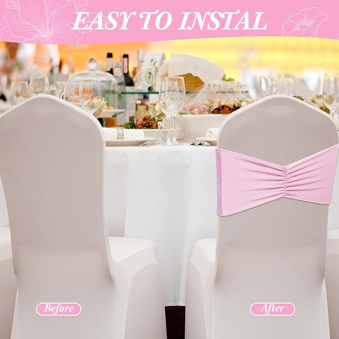 Moukeren 100 Pcs Spandex Chair Sashes Bows Chair Bands Slider Sashes for Chair Covers Elastic Chair Bands Ties Ribbon Chair Decorations for Wedding Party Events Ceremony Birthday Banquet(Light Pink)