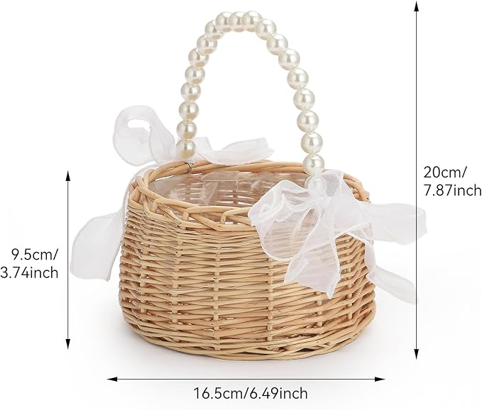 Wicker Rattan Flower Girl Basket Rustic Wedding Flower Girl Basket with Pearl Handle Small Flower Basket for Flower Girl Fairy Wedding Basket Handwoven Easter Baskets for Boys Girls Wedding (1 Pcs)