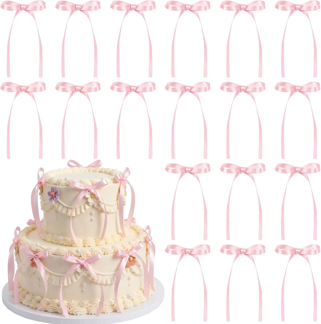 36 PCS Bow Cake Toppers Bow Cupcake Toppers, Light Pink Ribbon Bows for Cake Coquette Birthday Decor for Baby Shower, Bachelorette Events, Wedding Dessert Tables, Balloons and Walls
