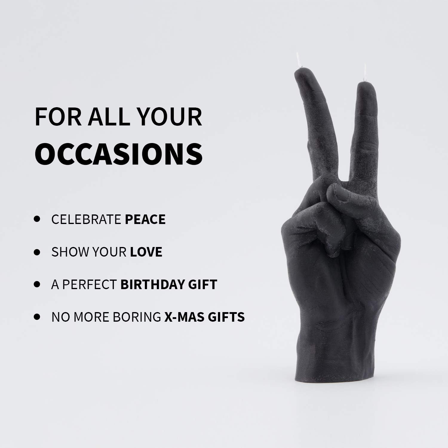 Hand Gesture Candle Peace Sign - Big Real Hand Size 6.7 x 4.3 x 2.4 inches - Handmade Winner Statue - Birthday, Office, Housewarming Gift (Black)