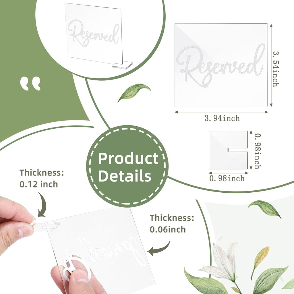 Bucherry 6 Pcs White Reserved Table Signs 3.9 x 3.5" for Wedding Clear Acrylic Reserved Seating Signs Stands with Cursive Letters for Table Wedding Reception Party Meeting Restaurant Ceremony