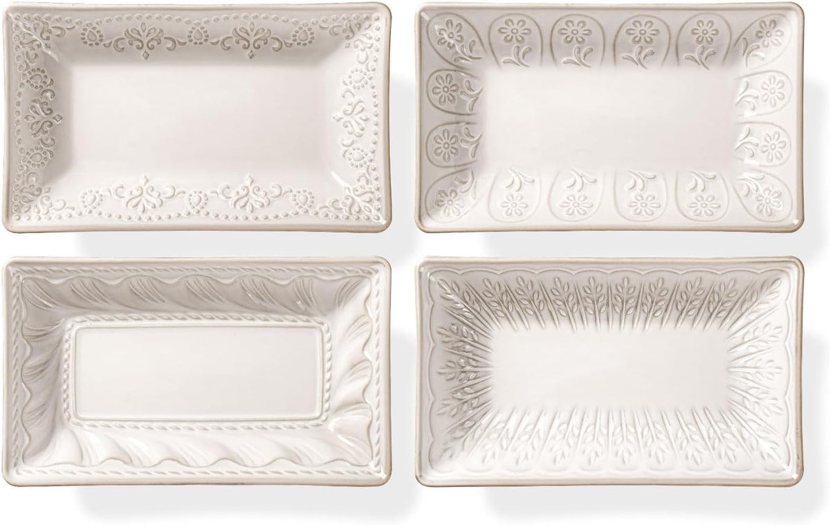 Artena Appetizer Plates Set of 4, 8.25" Embossed Ceramic Rectangular Des...