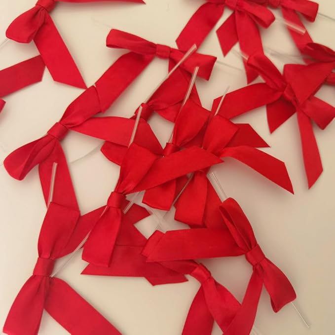 50pcs 2-1/2" Red Satin Ribbon Bows with Twist Ties for Gift Wrapping Packing Christmas Decoration (Red)