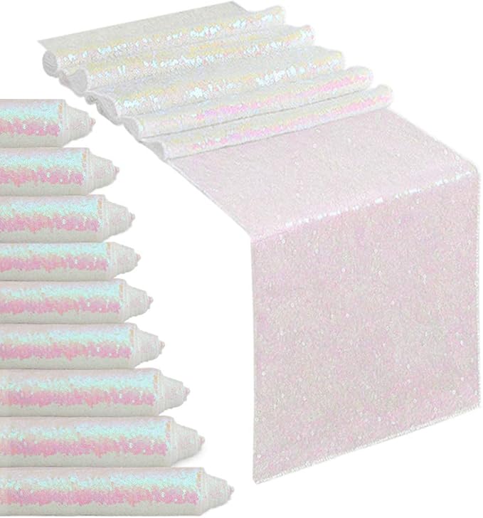 White Iridescent Sequin Table Runners 10 Packs 12x72 Inches Glitter Sparkly Table Runner for Birthday Wedding Party Baby Shower Event Decorations